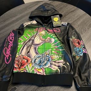 NWT Vintage ED HARDY Black Leather Panther Jacket Women’s Size Large